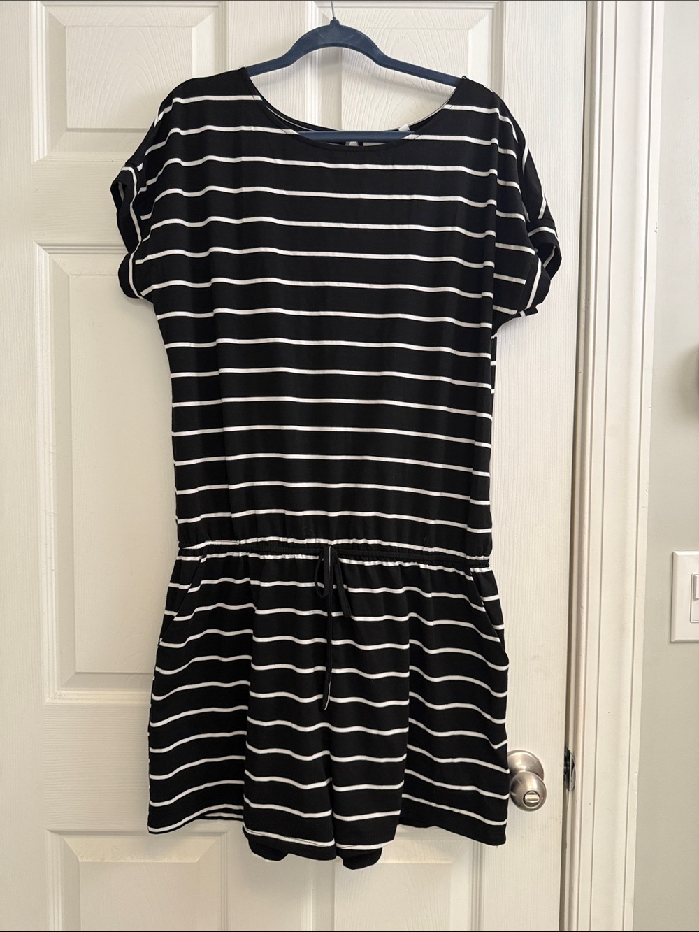 Black and White Striped Drawstring Waist Romper